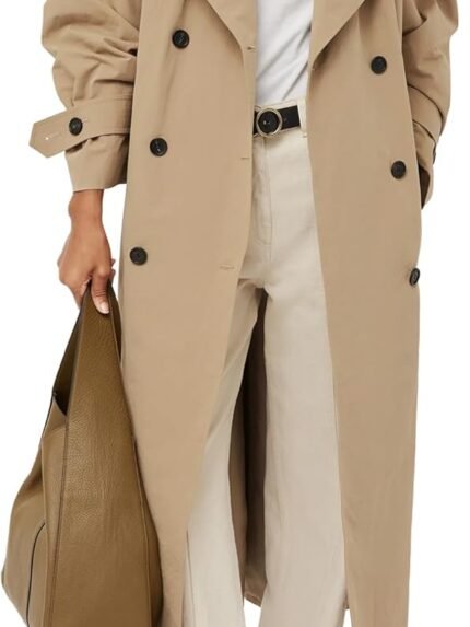 Women Oversized Long Trench Coat Double Breasted Lapel Windproof Overcoat with Belt